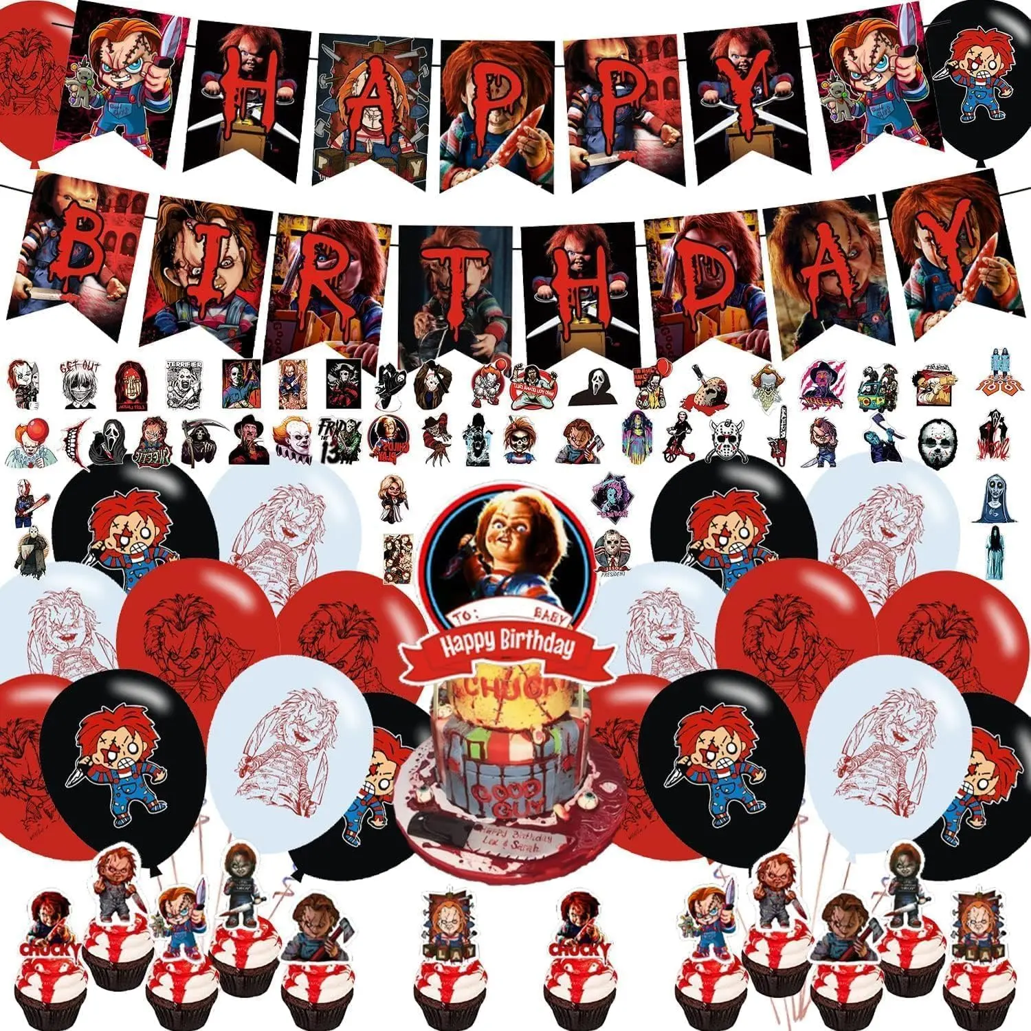 Halloween Horror Movie Decorative Party Supplies Set - Reusable Festive Decor Including Banner, Cake Topper, 12 Cupcake Toppers, 18 Balloon Decor, 50 Stickers for Party Ideas & Gifting Needs, Spooky Vibes, Party Bags