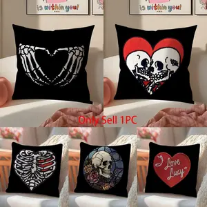 Cool Skull Heart Pillow Case Pillowcas Soft Detachable Short Plush Fabric With Hidden Zipper Washable And Stain-resistant Decor Home Living Room Bedroom Sofas Office Car Gift
