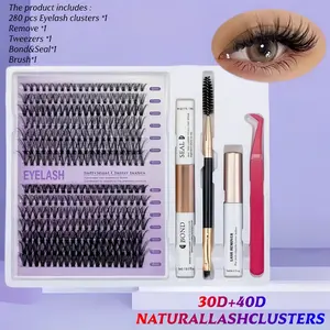 Large Capacity Eyelash Extension Kit 30D/40D 9-16mm 280pcs, DIY Lash Clusters, Includes Eyelash Bond Glue, Tweezers, Remover, Brush, Reusable