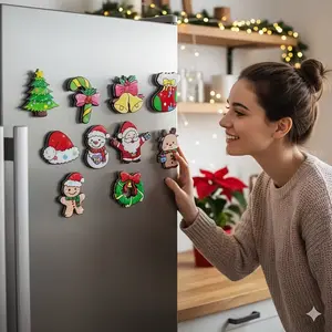 10 Christmas Refrigerator Magnets Set, Fridge Magnet, Cute Holiday Design, Kitchen Office Festive Decor, Christmas Party Supplies, Ideal Christmas Gift