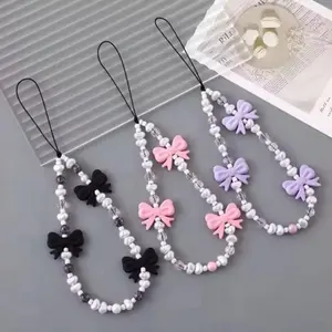 Multicolor Bow Phone Charm, Pearl Beaded Strap, Cute Mobile Chain Accessory, Fashionable and Stylish Smartphone Decoration, Mobile Phone Lanyard, Cell Phone Charm