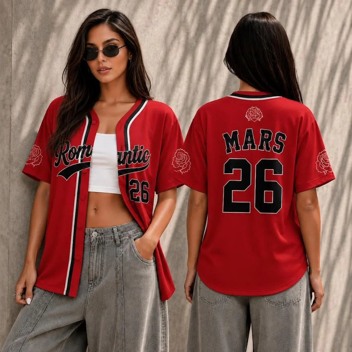 Romantic Concert Baseball Jersey, Custom Name Number Button Down Shirt, Red Rose Jersey, Festival Outfit, Unisex Gift