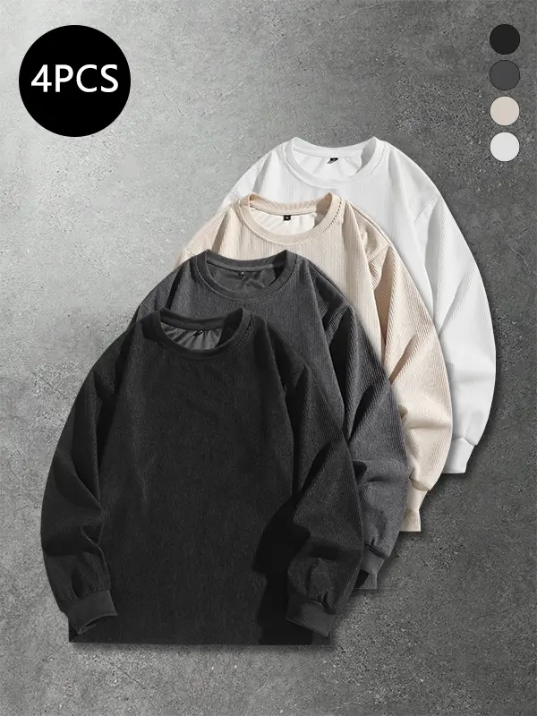 Men’s 4-Pack Corduroy Long-Sleeve Sweatshirts for Autumn/Spring – Trendy Loose Fit, Solid Color Crew Neck Casual Style