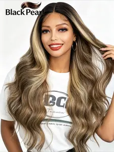 Black Pearl 26 Inch HD Lace Front Wig, Ombre Balayage Honey Brown Highlights Body Wave Synthetic Wig, High Quality Heat Resistant Hair, Ready to Wear Glueless Style, US Local Shipping, Fashion Wigs for Women Daily Party Cosplay