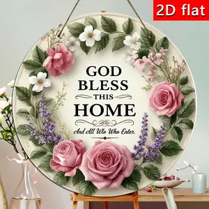 【fathersdaygift】God Bless This Home Round Wooden Sign, Floral Wreath Wall Art, Farmhouse Front Door Hanger, Inspirational Home Decor, Christian Welcome Sign for Porch, Living Room, Housewarming Gift
