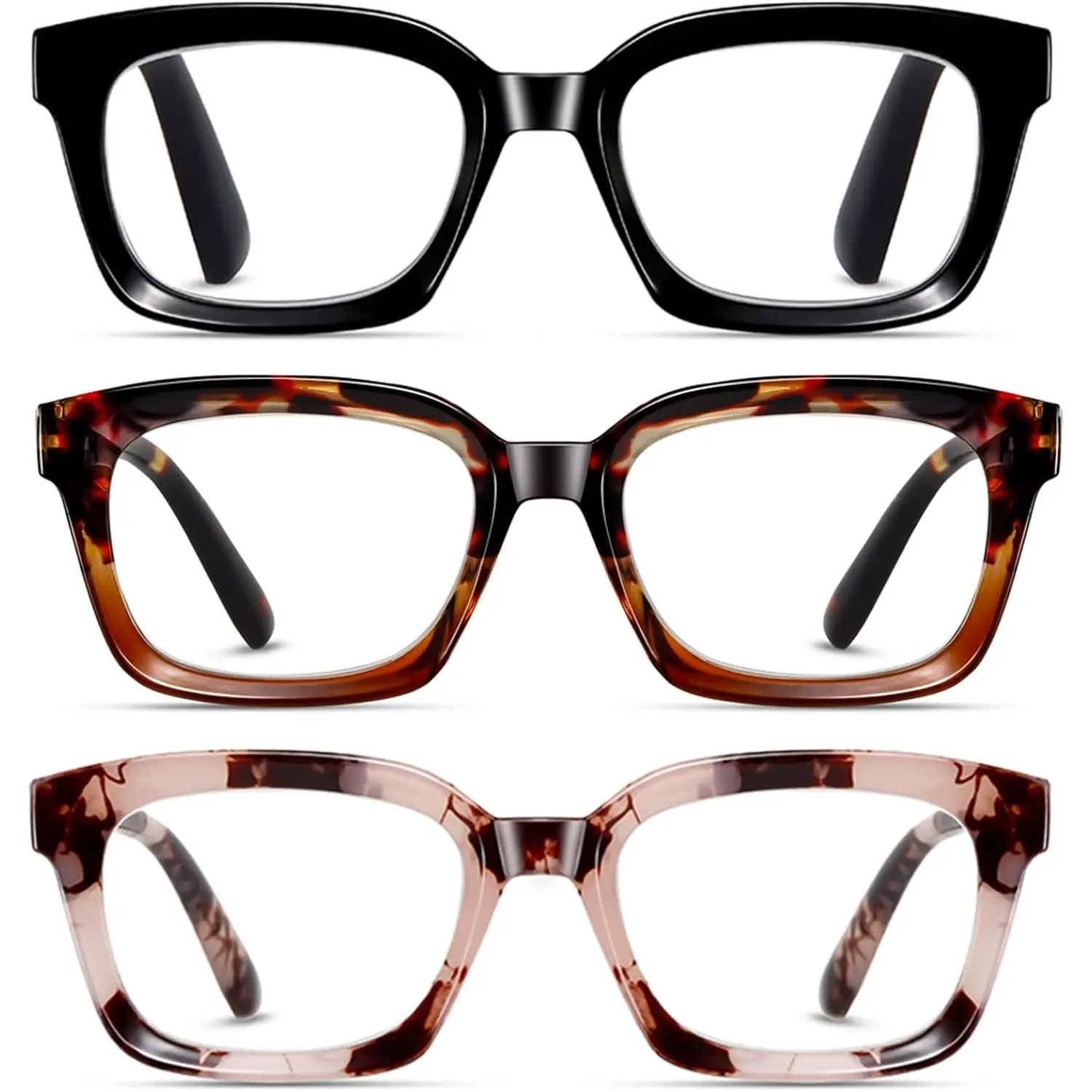 Glasses for Women, Blue Light Blocking stylish high end Oversized Square Computer Readers Spring Hinge(Black+Brown+LightPink,+1.5)