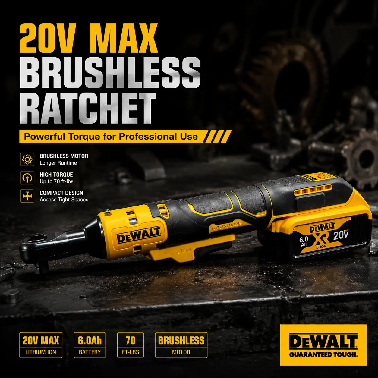 DEWALT DCF512 Brushless Ratchet, 1/2 in Drive, 70 ft-lbs Torque, Compact Low-Profile Head for Mechanical Work, Garage Repair Jobs & DIY Projects big tool task electric driver power machine