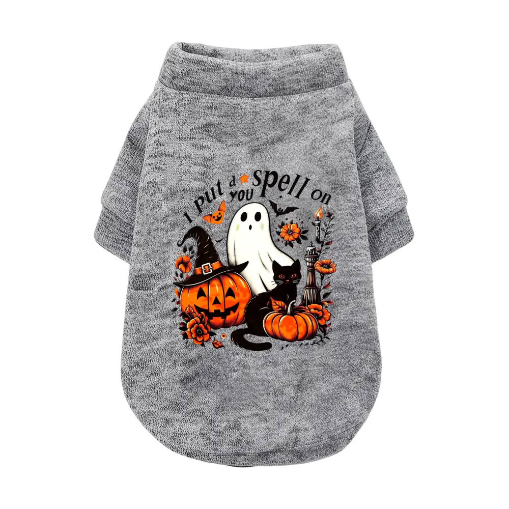 Fall Halloween pet apparel, ghost black cat pumpkin print dog shirt