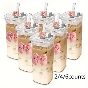 2/4/6 Counts 12 oz/350ml portable bow drinking cup glass with lid straw glass Tumbler, suitable for milk tea, tea drinks, coffee, home, school, outdoor use, perfect choice for Christmas, Thanksgiving, Halloween, Valentine's Day