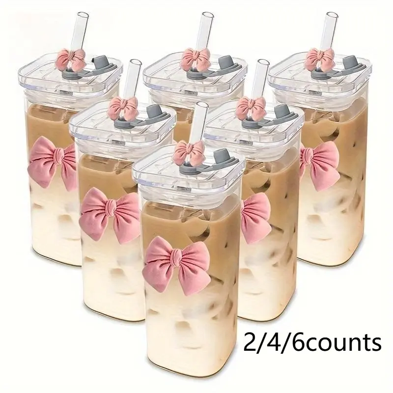 2/4/6 Counts 12 oz/350ml portable bow drinking cup glass with lid straw glass Tumbler, Portable Drinkware, suitable for milk tea, tea drinks, coffee, home, school, outdoor use, perfect choice for Christmas, Thanksgiving, Halloween, Valentine's Day