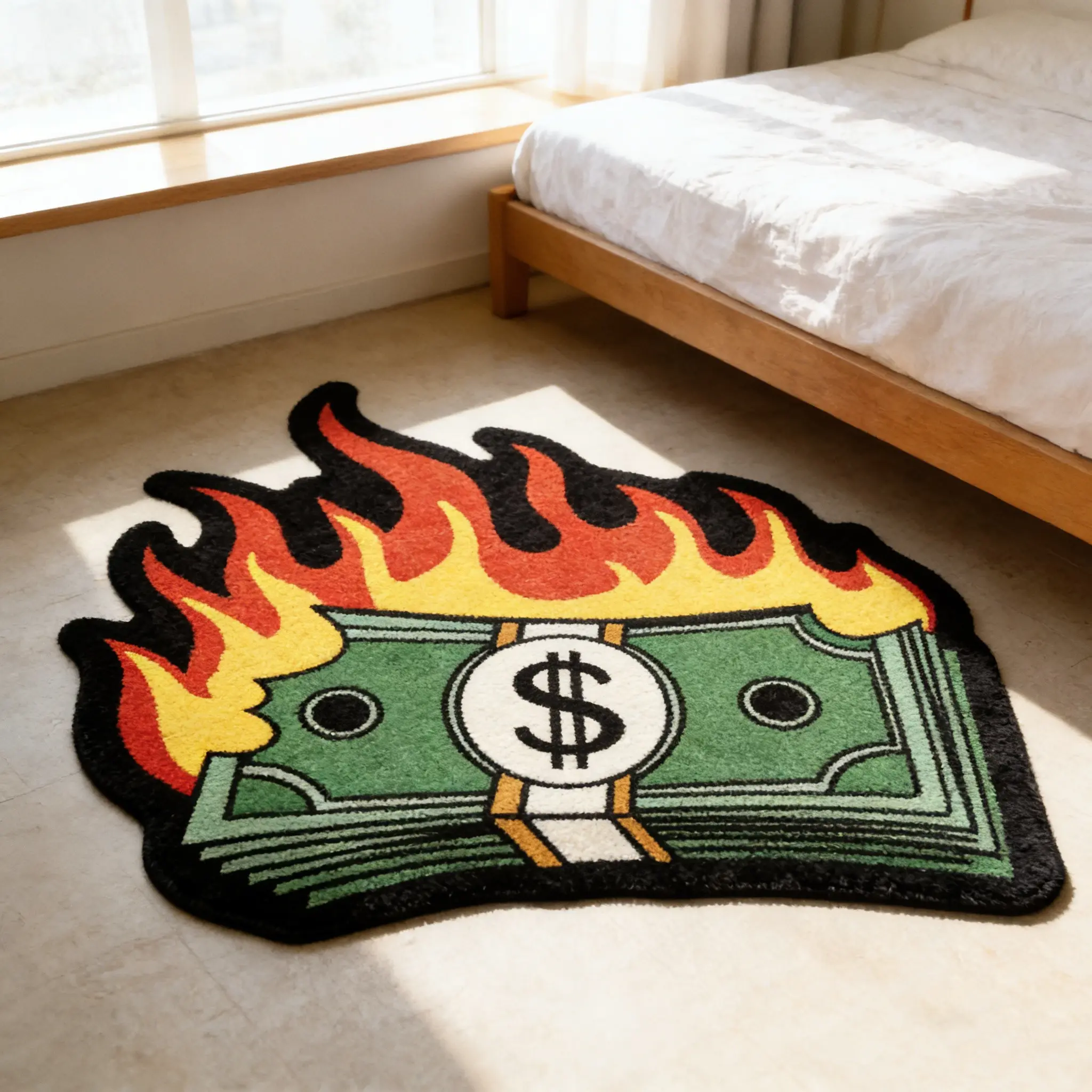 Flame dollar banknote shaped carpet, red green contrasting velvet floor mat, bedroom bedside anti slip and wear-resistant foot mat, personalized space decoration mat, Decorative rug mat, suitable for ins style/street trend home decoration