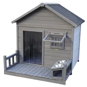 Large balcony doghouse, 44.2" long x 44.6" wide x 44.6" high solid wood asphalt roof dog house for large dogs with large terrace, weatherproof large dog house,Complimentary a good cleaning mat Wooden Kennel Enclosure Outdoor Portable