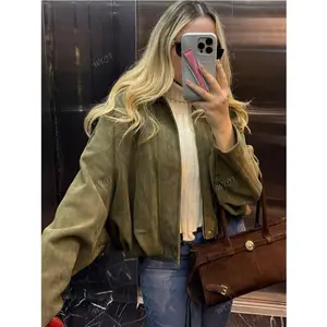 Women's Jackets Green Bomber Aviator Suede Jacket Loose Female Coat Winter Jacket Bombers Demi-Season Jacket Top