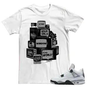 4 White Cement Graphic Tee, Television T-shirt Match 4s White Cement Grey Black White Sneaker
