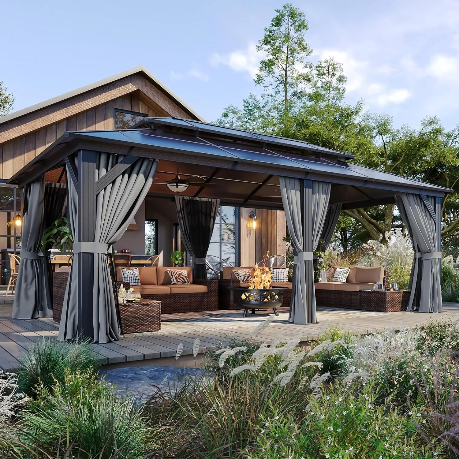 Rectangular Permanent Hard Top Gazebo (10'x14/12'x20') - Aluminum Frame Canopy with Waterproof Double Wall Polycarbonate Roof, Curtains, Mosquito Netting, Brown&Gray Outdoor Patio Structure, 2/4-Package Shipping for Backyard, Pool Area Shade,