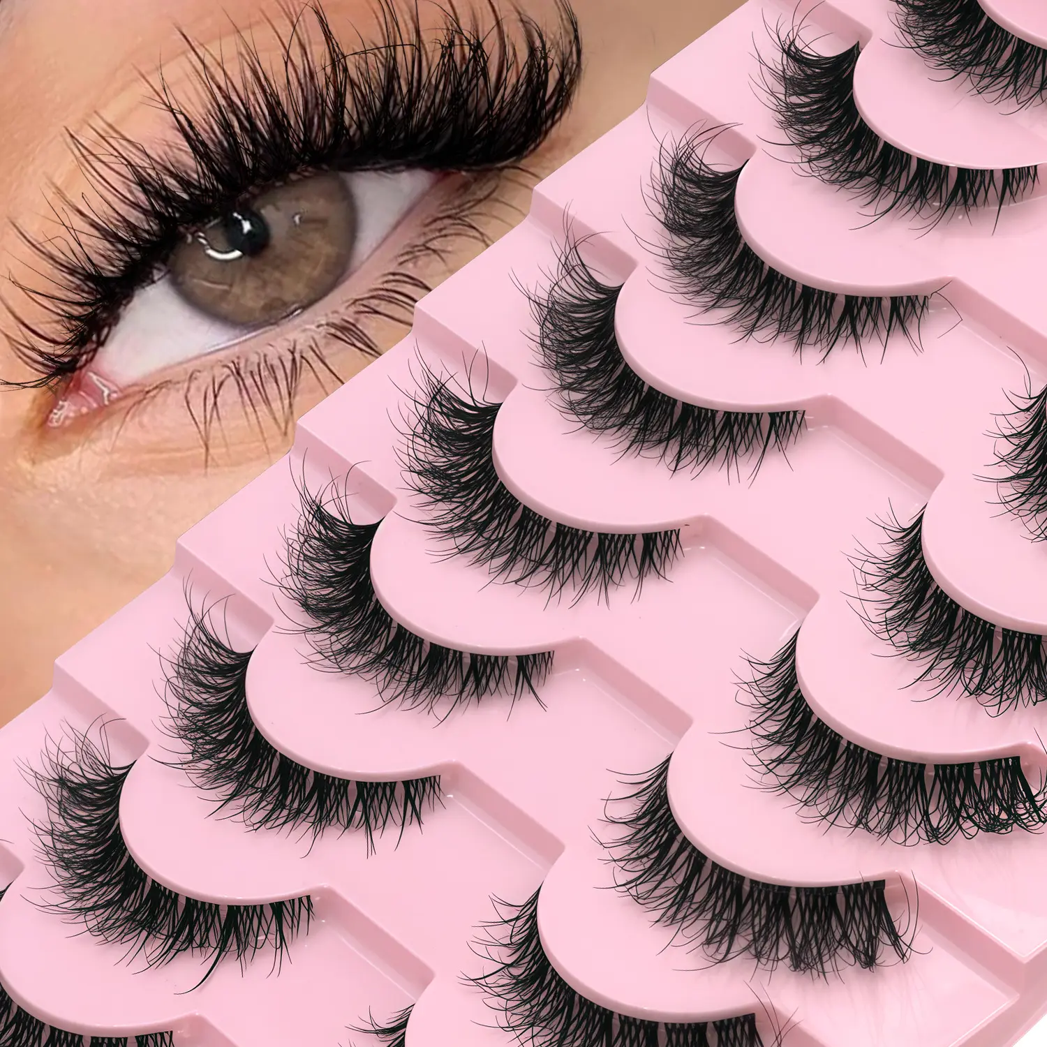 GROINNEYA 10 Pairs Soft Fluffy Eyelashes D-Crul Voluminous Fake Eyelashes Lightweight Strips Lashes Cat Eye Lashes With Thin Transparent Stem Band, Fluffy False Eyelashes Suitable For Daily Wear And Any Occasion