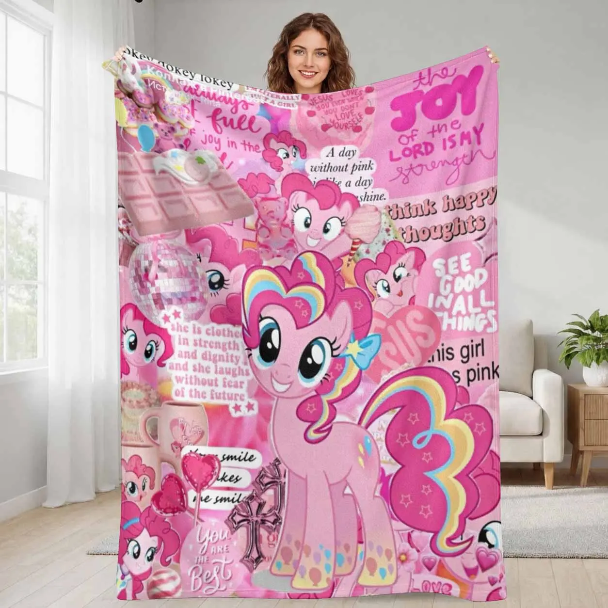 Pink Pony Aesthetic Flannel Blanket. Vibrant Cartoon Character and Sweet Treats Collage Pattern. Soft Lightweight Plush Throw Blanket. Suitable for Bed and Sofa. A Perfect Gift for Family and Friends.