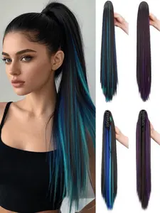 24-inch Synthetic Claw Clip Ponytail Hair Extension, Soft Synthetic Hair, for Women, Heat-Resistant, with Mixed Highlighted Ponytail Extension (Black + Blue)