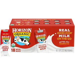 Horizon Organic Shelf Stable Whole Milk Boxes, 8 fl oz, 18 Count - 8g Protein per Serving, USDA Organic, Ready to Drink for Lunchbox, Travel, or On-the-Go, No Refrigeration Needed
