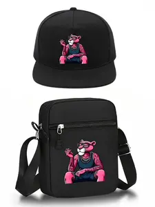 Panther Print Set, Unisex Flat Brim Hip Hop Baseball Cap and Crossbody Bag, Street Fashion Outdoor Sports Hat and Bag, Adjustable Gift