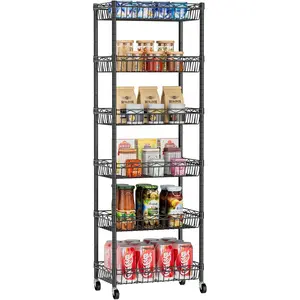 6 Tier Basket Shelf Wire Shelving Unit Adjustable Storage Shelves Big Basket Rack for Garage Kitchen Office Pantry Corner 17.2" Dx12.2 Wx63 H Black