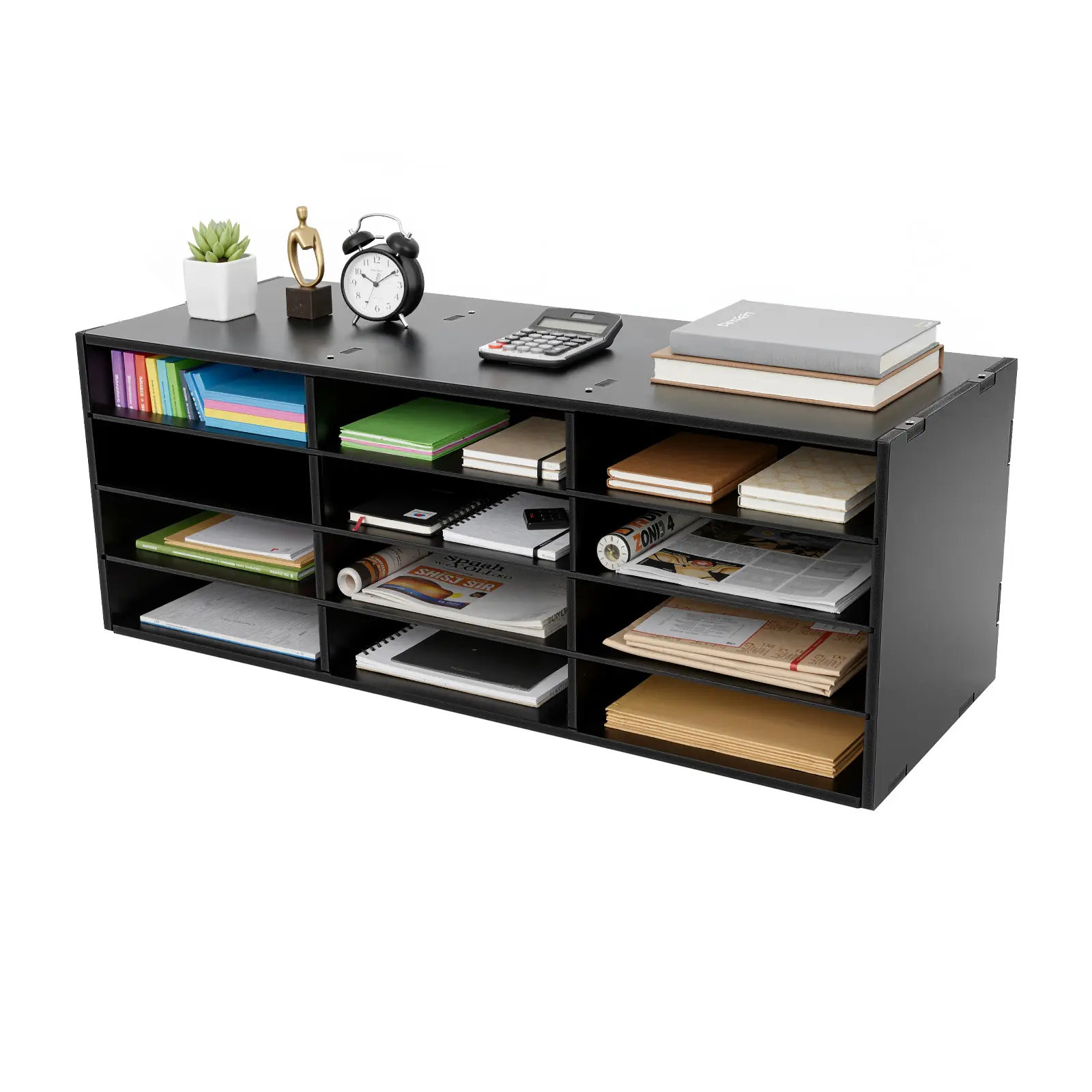 4-Tier 12-Slot Black PVC Floor-Standing Letter Rack, High-Capacity Multi-Tier Organizational Mail Sorter Organizer with Top Platform, Easy Assembly Freestanding File Magazine Document Holder for Home Office, Floor-Standing Letter Racks, Four-Tier Letter R