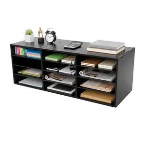 12-Slot 4-Tier Black PVC Mail Sorter Organizer with Top Platform & Easy Assembly, Freestanding Literature Rack for Files Magazines Documents, for Home Office Library Classroom