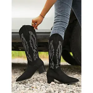Women's Knee-High Western Cowboy Boots, Wide Calf Design, Embroidered Decor, Fashionable Winter Footwear, Casual Style