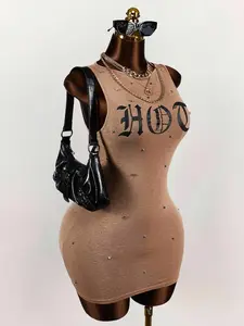 PRYSM Amplova Women's Sexy Letter Print Rivets Decor Sleeveless Slim Fit Mini Dress, For Summer Boho