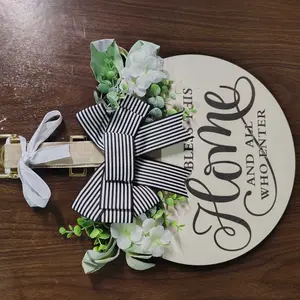 Floral Door Hanging Decor with Welcome Sign, Rustic Style Burlap Bowknot & Artificial Flowers, All-Season Front Door Decoration