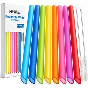 [Angled Tips] 8 Pcs Reusable Jumbo Wide Boba Straws & Smoothie Straws, Multi Colors Reusable Straw, BPA FREE Food-Grade Tritan Plastic Straw for Bubble Tea(Tapioca Boba Pearls) Milkshakes w/ 2 Brushes