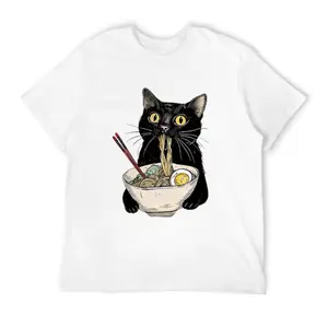 Kawaii Black Cat Ramen T-Shirt Funny Japanese Food Cat Graphic Tee Unisex Casual Streetwear Tops