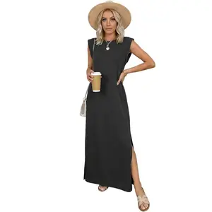 Women's 2026 Summer Casual Sleeveless Crewneck Maxi Dress - Pull-On, Wrinkle-Free Soft Rayon Blend, Loose Fit with Side Slit Hem, Chic Wear for Beach Travel