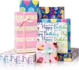 Birthday Wrapping Paper Set - 5 Sheets and 5 Silk Ribbons, Colorful Cupcake Balloon  Wrapping Paper, Glossy Coated  Wrap for  Girls Boys Women Men Birthdays Party (27.5x19.6inch)