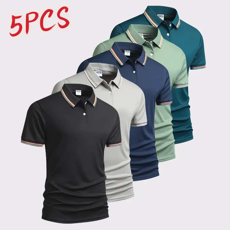 Pack of 5 - Men's Quick Dry Color Block Striped Polo Shirt, Classic Button-Down Collar Top, Trendy Casual Sports Short Sleeve Polo, Suitable for Everyday Activities, Playing Ball, Golf, Outdoor Sports