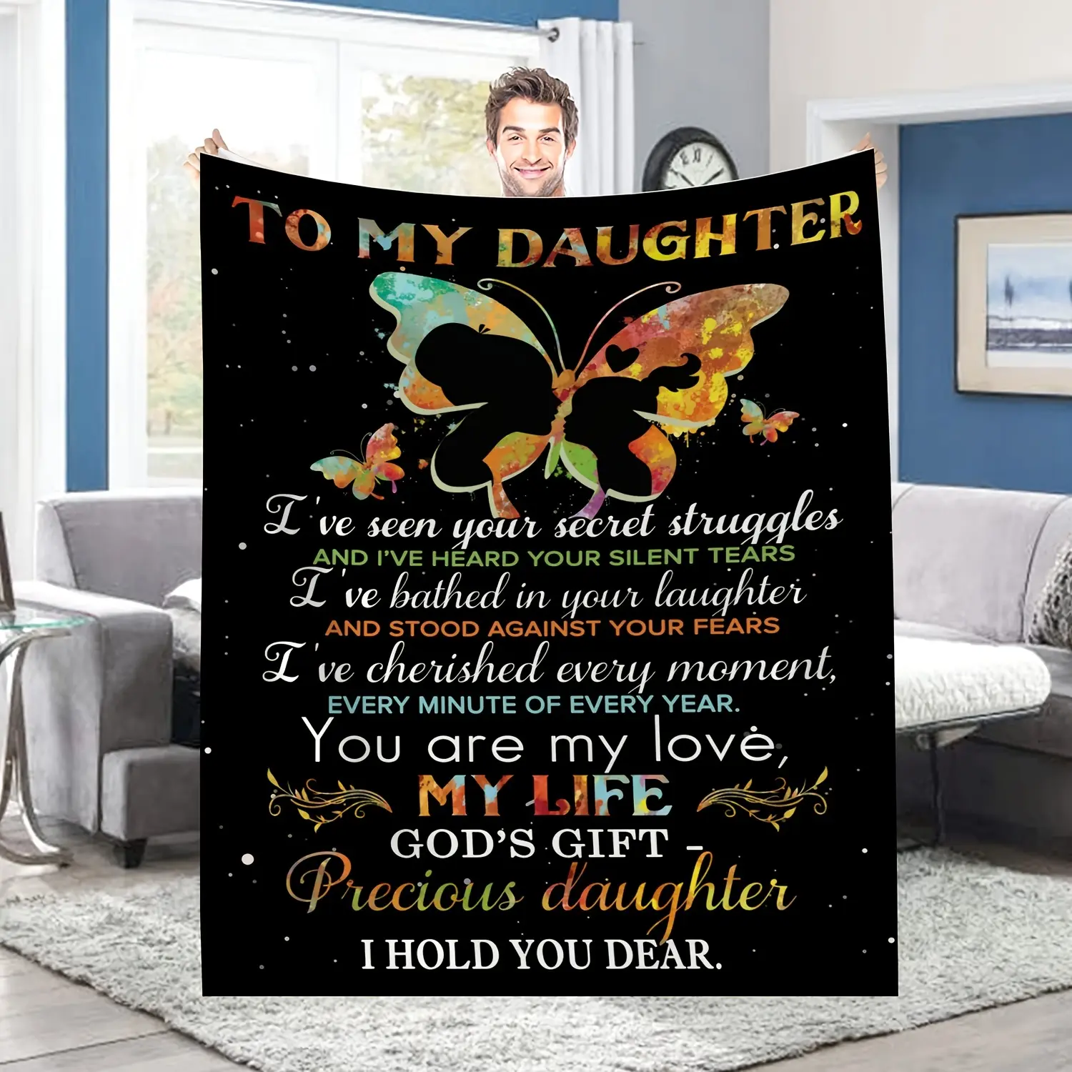 Vintage Mother-to-Daughter Letter Flannel Blanket - Modern Butterfly & Starry Night Design, Wrinkle Resistant, Fade Resistant, Machine Wash, Compact, All Seasons Soft Throw for Bed/Couch, Heartfelt Keepsake Gift for Birthdays, Space, Flannel Fabric, Tight