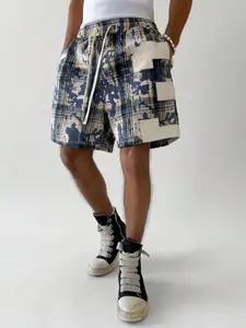 Baggy Plaid Patchwork Shorts Men Distressed Streetwear Casual Cargo Shorts Aesthetic American High Street Vintage Grunge Summer Outfit OOTD