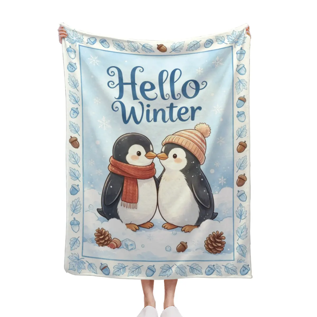 Hello Winter Penguin Blanket Blue Watercolor Soft Fleece Throw Blanket Cozy Winter Home Decor