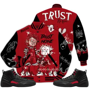 Retro Bloodline 12s Outfit Varsity Jacket, Scary Trust No One Graffiti Streetwear Sneaker Matching Shirt