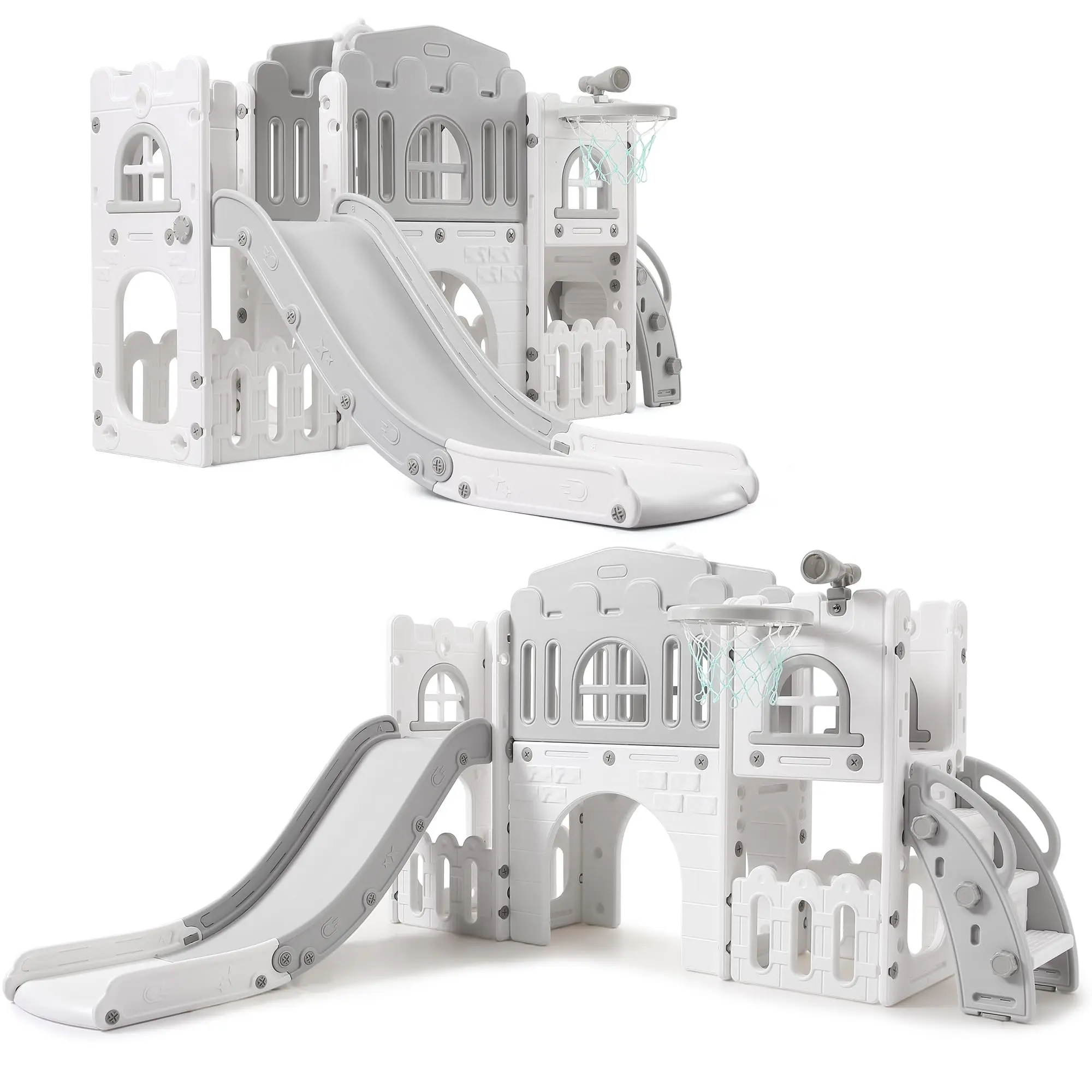 8-in-1 Toddler Slide Playset – Indoor & Outdoor Playground with Climber, Crawling Tunnel, Basketball Hoop, Telescope & Toy Storage, for Ages 1–3