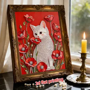 2026 New Pearl Painting DIY Diamond Art Kit, Cat in Poppy Field, Unique Gift for Mother's Day, Father's Day, Birthday, Bedroom, Living Room Decor