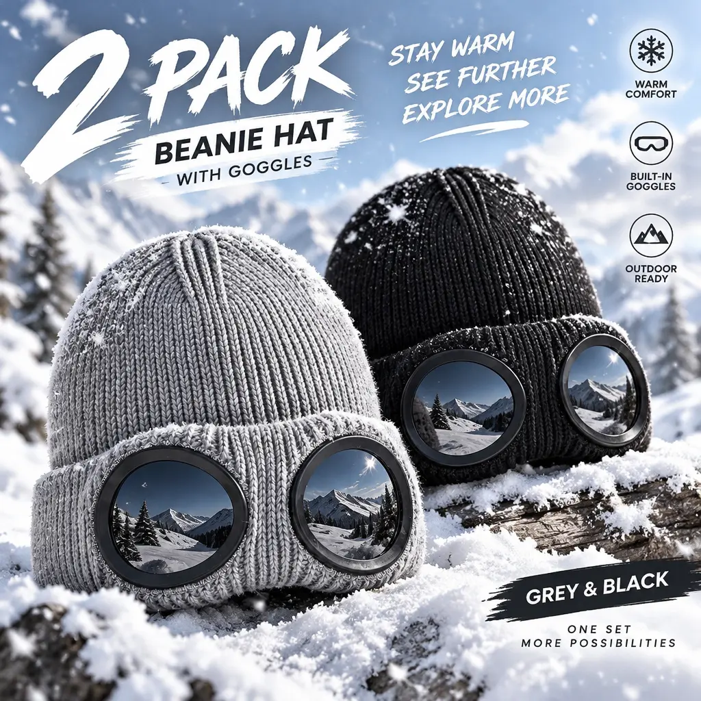 Unisex Knit Beanie Hat with Built-In Round Lens Ski Goggles - Steampunk Aviator Windproof Men's Hats, Cold Weather Streetwear Accessory, Skiing Outdoor Essential, Halloween Party Gift