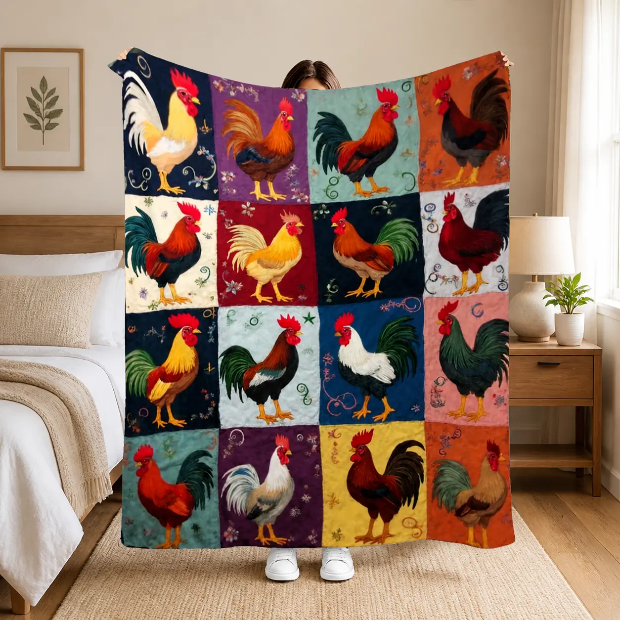Adorned with a Vivid Rooster and Hen Patchwork Pattern—A Rustic Country-Style Bedspread. This lightweight throw serves as an air-conditioning blanket, a sofa cover, or a bed sheet, crafted from soft flannel material. Ideal for farmhouse-style decor.