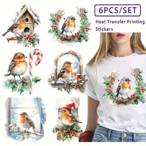 6pcs/set hristmas Hummingbird Iron-On Stickers - Printed Vinyl Heat Transfer Patches, Washable Art DIY T-Shirt Decals with Festive Holiday Designs (Candy Canes, Holly, Snowy Scenes) for Apparel & Fabric Crafts