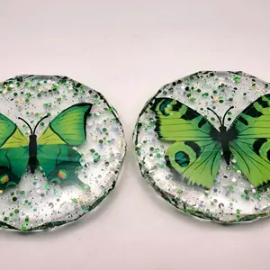 Handmade Coasters with Green Butterfly Design and Glitter Accents for Home Decor