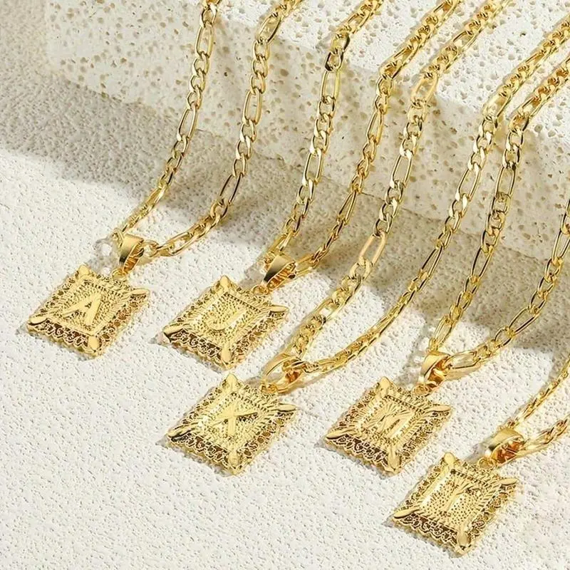 Initial Pendant Necklace for Men and Women, 18K Gold Plated Square, Figaro Chain Necklace from A to Z