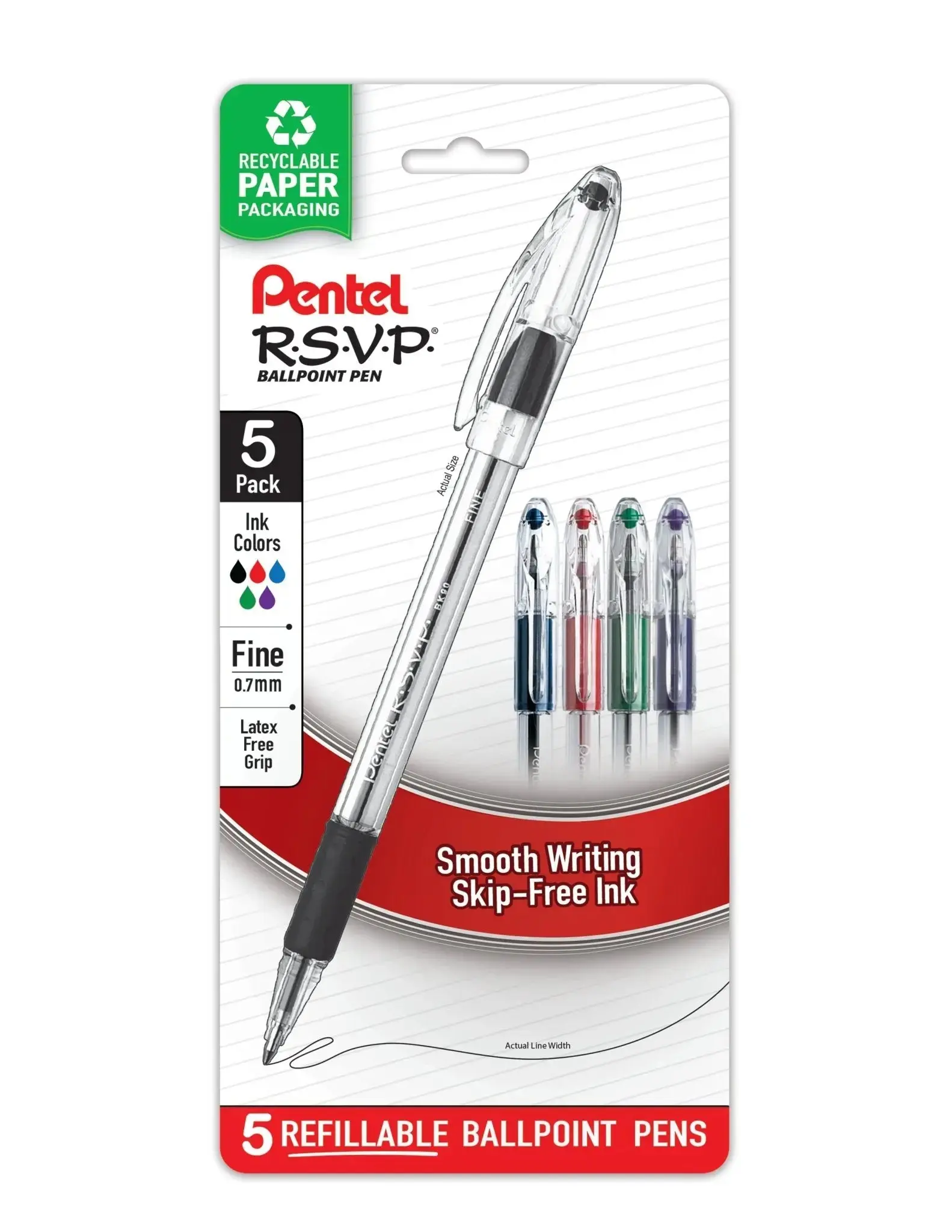 Pentel RSVP Eco-Friendly Steel Tip Ballpoint Pens - Refillable, Skip-Free Ink, Latex-Free Grip, Fine/Medium Tips, Assorted Ink Assortment Pack (5-Color + 5 Black), Office Stationery for Writing Tasks, Back to School Haul, Students