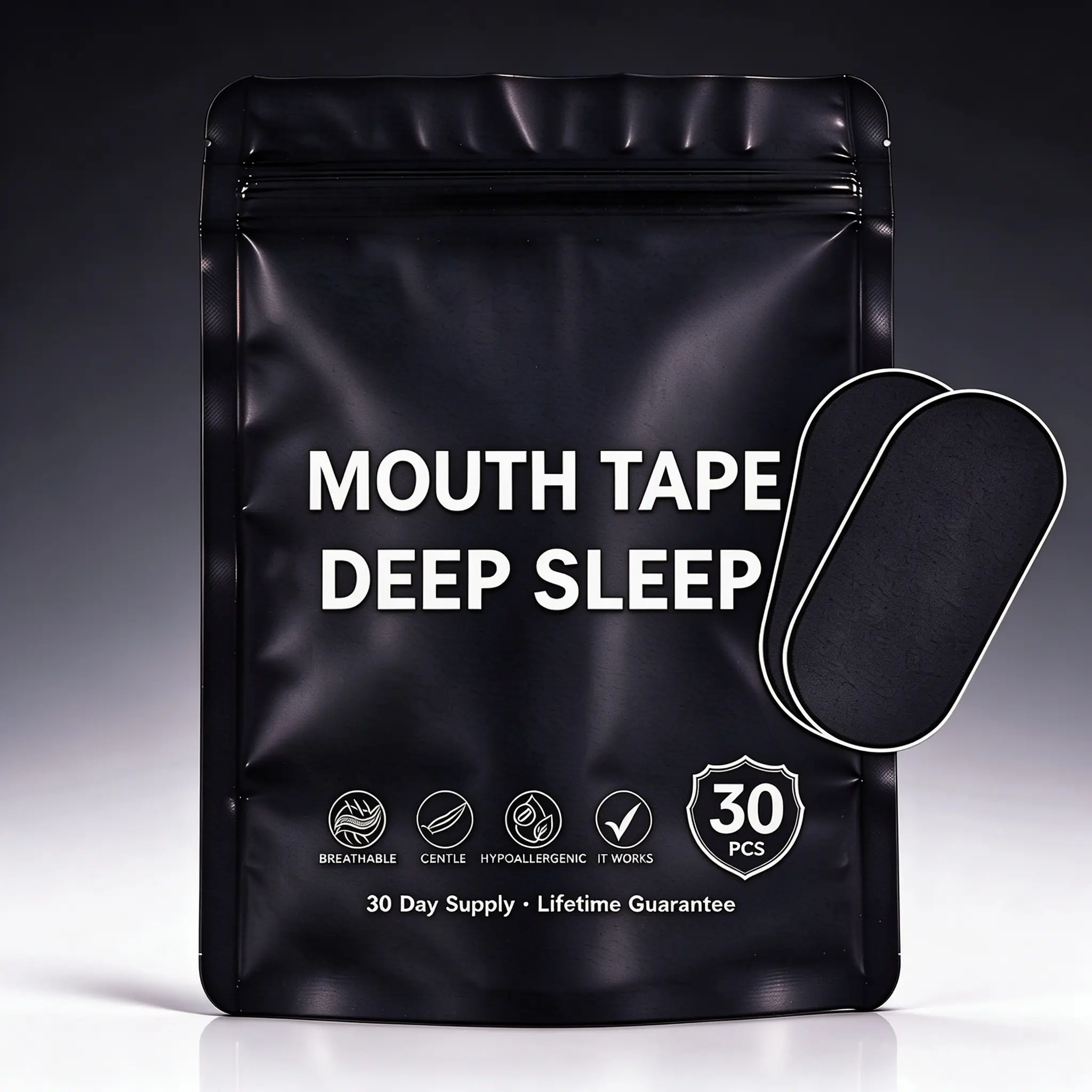 Mouth Tape (30 Count, Black) - Sports Tape with Reinforced Fit, Gentle Adhesive, Breathable Design for Nightly Comfort