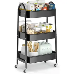 Multifunctional 3-Tier Metal Rolling Cart with Lockable Wheels, Heavy-Duty Storage Shelf Organizer for Kitchen Office Bathroom, Black/Gray