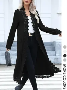 Women's Contrast Lace Open Front Longline Coat, Casual Long Sleeve Ribbed Outerwear for Spring & Fall, Ladies Clothes for Daily Wear